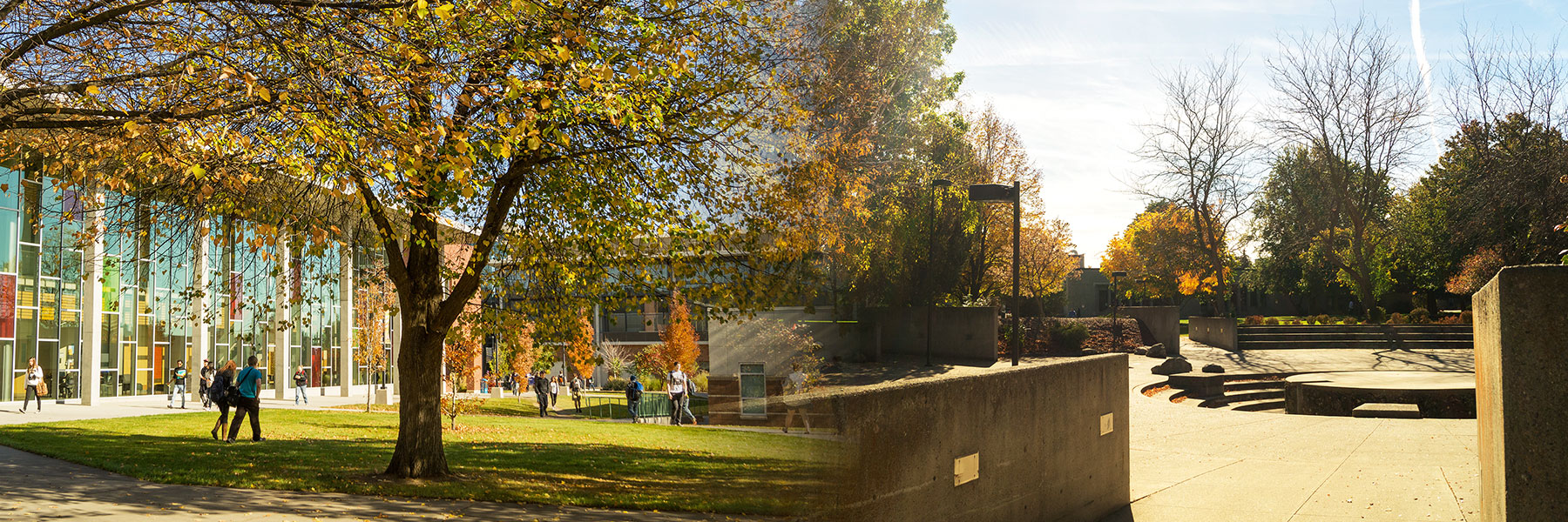 Outdoor shots of SFCC and SCC in fall, merging into one image.