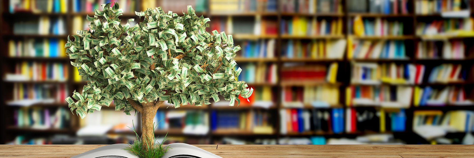 Bookshelves in background with a 