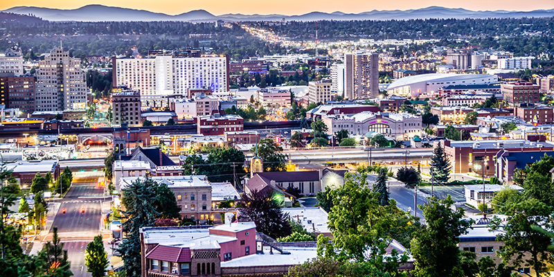 Downtown SPokane at dawn - aerial shot
