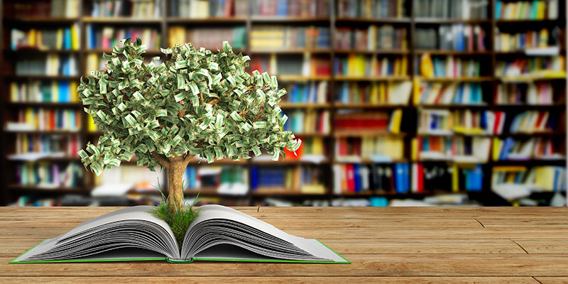 Bookshelves in background with a 